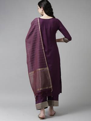 Indo Era Solid Wine Straight Kurta Palazzo With Dupatta Set 2