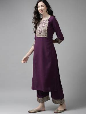 Indo Era Solid Wine Straight Kurta Palazzo With Dupatta Set 3