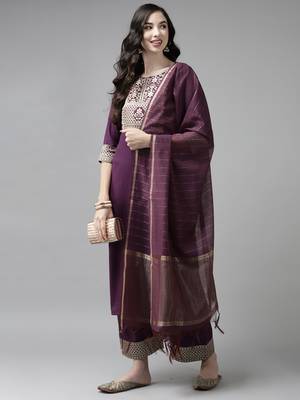 Indo Era Solid Wine Straight Kurta Palazzo With Dupatta Set 4