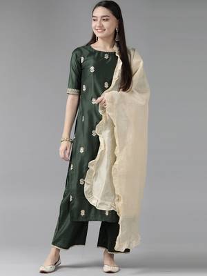 Indo Era Bottle Green Embroidered Straight Kurta Trouser With Dupatta Set 1