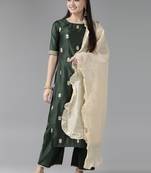 Indo Era Bottle Green Embroidered Straight Kurta Trouser With Dupatta Set