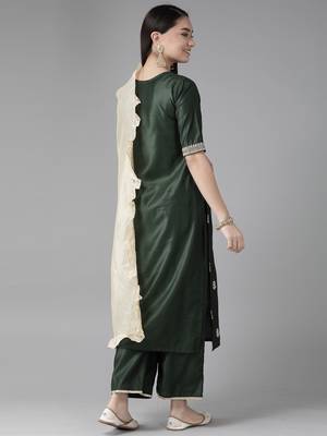 Indo Era Bottle Green Embroidered Straight Kurta Trouser With Dupatta Set 2