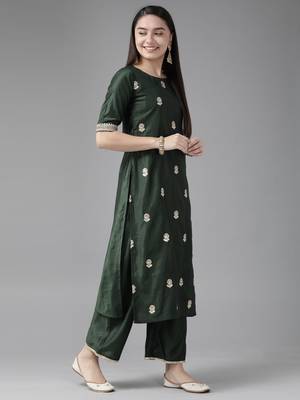 Indo Era Bottle Green Embroidered Straight Kurta Trouser With Dupatta Set 3