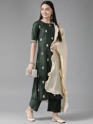Indo Era Bottle Green Embroidered Straight Kurta Trouser With Dupatta Set 4