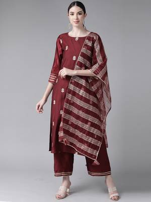 Indo Era Wine Embroidered Straight Kurta Trouser With Dupatta Set 1