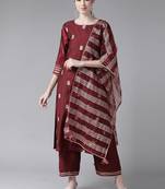 Indo Era Wine Embroidered Straight Kurta Trouser With Dupatta Set