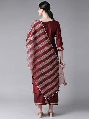 Indo Era Wine Embroidered Straight Kurta Trouser With Dupatta Set 2