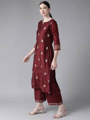 Indo Era Wine Embroidered Straight Kurta Trouser With Dupatta Set 3