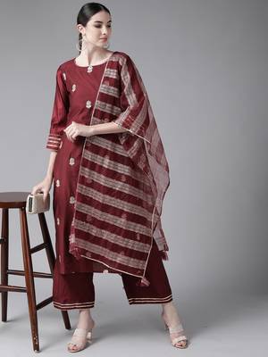 Indo Era Wine Embroidered Straight Kurta Trouser With Dupatta Set 4