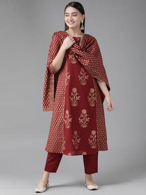 Indo Era Maroon Printed Straight Kurta Trouser With Dupatta Set 1