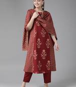 Indo Era Maroon Printed Straight Kurta Trouser With Dupatta Set
