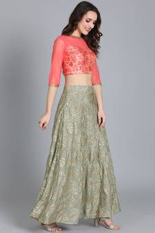 EthnoVogue Made To Measure Red N Grey Embroidered Skirt Set