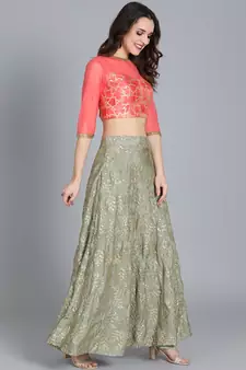 EthnoVogue Made To Measure Red N Grey Embroidered Skirt Set