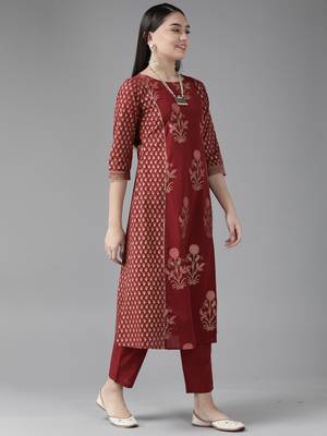 Indo Era Maroon Printed Straight Kurta Trouser With Dupatta Set 3