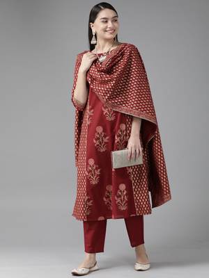 Indo Era Maroon Printed Straight Kurta Trouser With Dupatta Set 4