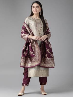 Indo Era Grey Woven Straight Kurta Palazzo With Dupatta Set 1