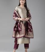 Indo Era Grey Woven Straight Kurta Palazzo With Dupatta Set