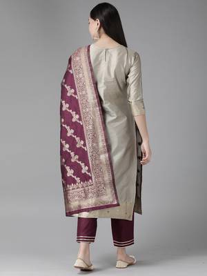 Indo Era Grey Woven Straight Kurta Palazzo With Dupatta Set 2
