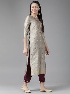 Indo Era Grey Woven Straight Kurta Palazzo With Dupatta Set 3