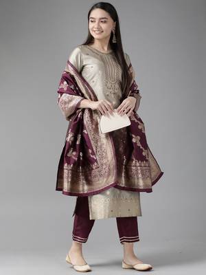 Indo Era Grey Woven Straight Kurta Palazzo With Dupatta Set 4