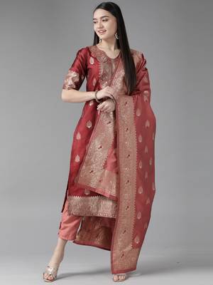Indo Era Maroon Woven Straight Kurta Palazzo With Dupatta Set 1