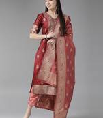 Indo Era Maroon Woven Straight Kurta Palazzo With Dupatta Set