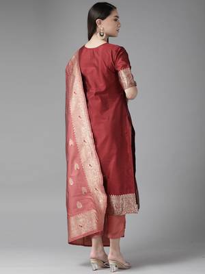 Indo Era Maroon Woven Straight Kurta Palazzo With Dupatta Set 2