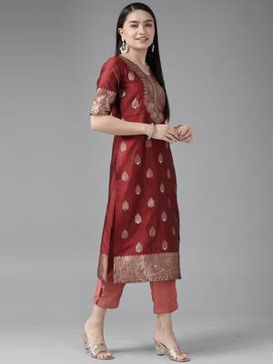 Indo Era Maroon Woven Straight Kurta Palazzo With Dupatta Set 3