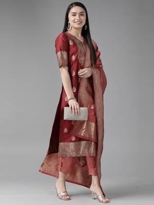 Indo Era Maroon Woven Straight Kurta Palazzo With Dupatta Set 4