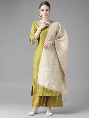 Indo Era Olive Embroidered Straight Kurta Palazzo With Dupatta Set 1