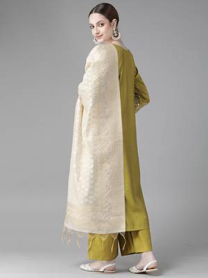 Indo Era Olive Embroidered Straight Kurta Palazzo With Dupatta Set 2