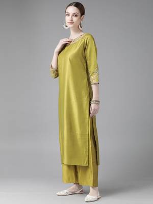 Indo Era Olive Embroidered Straight Kurta Palazzo With Dupatta Set 3