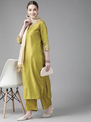 Indo Era Olive Embroidered Straight Kurta Palazzo With Dupatta Set 4