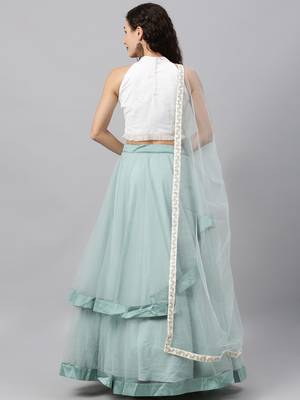 EthnoVogue Made To Measure White N Wasabi Green Halter Neck Lehenga Set 2