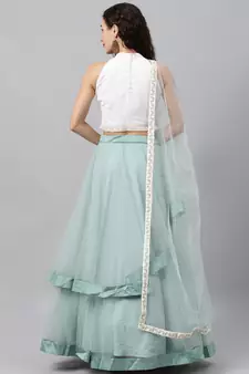 EthnoVogue Made To Measure White N Wasabi Green Halter Neck Lehenga Set