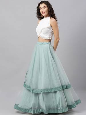 EthnoVogue Made To Measure White N Wasabi Green Halter Neck Lehenga Set 1