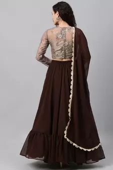 EthnoVogue Made To Measure Grey Embroidered Net Lehenga Set