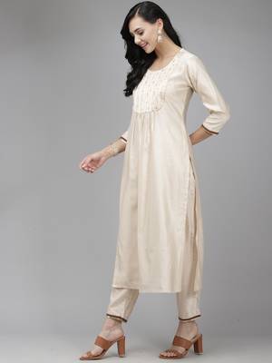 Indo Era Off White Straight Kurta Palazzo With Dupatta Set 3