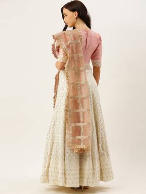 EthnoVogue Made To Measure Pink N Off White Embroidered Kali Lehenga Set 1