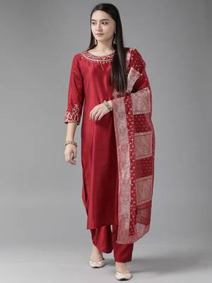 Indo Era Red Embroidered Straight Kurta Palazzo With Dupatta Set 1