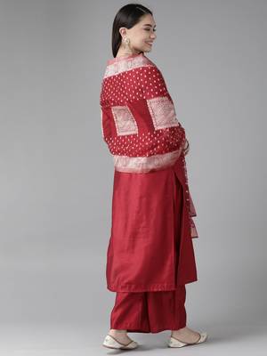 Indo Era Red Embroidered Straight Kurta Palazzo With Dupatta Set 2