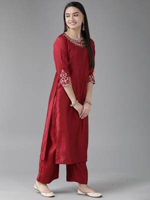Indo Era Red Embroidered Straight Kurta Palazzo With Dupatta Set 3