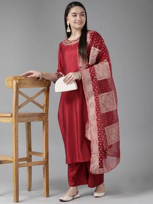 Indo Era Red Embroidered Straight Kurta Palazzo With Dupatta Set 4