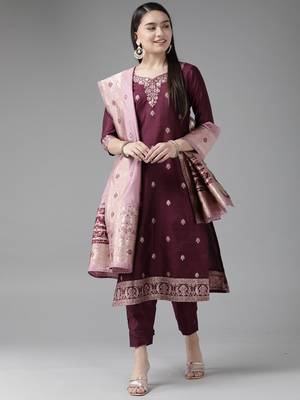 Indo Era Wine Woven Straight Kurta Palazzo With Dupatta Set 1
