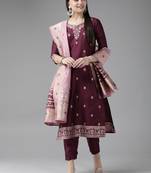 Indo Era Wine Woven Straight Kurta Palazzo With Dupatta Set
