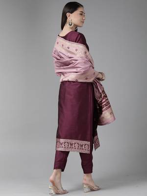 Indo Era Wine Woven Straight Kurta Palazzo With Dupatta Set 2