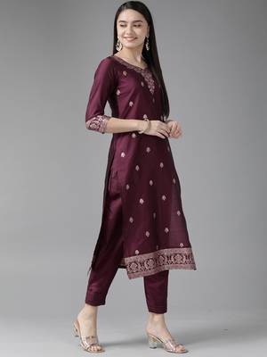 Indo Era Wine Woven Straight Kurta Palazzo With Dupatta Set 3