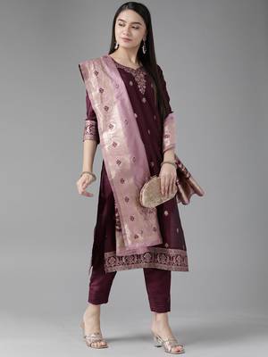 Indo Era Wine Woven Straight Kurta Palazzo With Dupatta Set 4