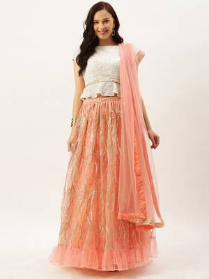 EthnoVogue Made To Measure Off White Embroidered N Pink Gathered Lehenga Set 1