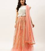 EthnoVogue Made To Measure Off White Embroidered N Pink Gathered Lehenga Set